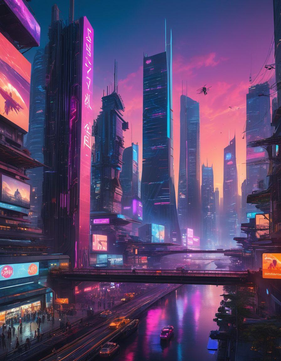 A futuristic cityscape with bridges symbolizing connectivity, bustling with diverse people engaged in programming at outdoor tech hubs. The skyline features innovative architecture, with digital displays showcasing coding languages and tech icons. Neon lights illuminate the scene while drones zip by, symbolizing advancements in technology. Emphasize collaboration and inspiration in a vibrant, hopeful atmosphere. cyberpunk. vibrant colors. 3D.