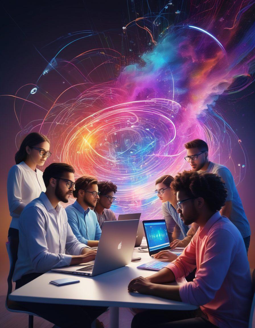 A visually striking scene featuring a diverse group of coders collaborating around a glowing computer, with colorful lines of code and ideas swirling around like a digital cloud. Incorporate elements of blogging, such as laptops and conversation bubbles, to illustrate online communication. The setting should be modern and tech-savvy, infused with vibrant colors and energy. super-realistic. vibrant colors. 3D.