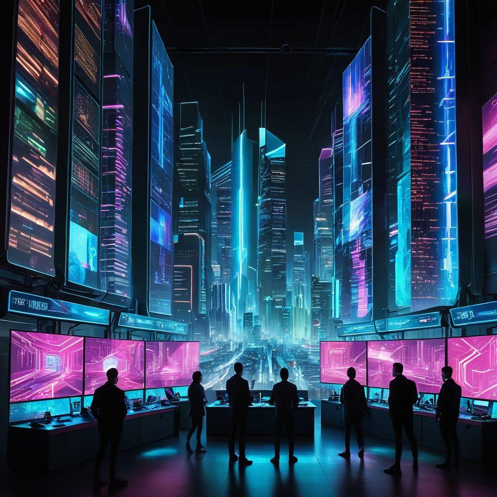 A futuristic cityscape with diverse developers collaborating, holographic screens displaying charts and code, vibrant neon lights illuminating the scene, and a glowing key symbolizing unlocking potential. super-realistic. vibrant colors. cyberpunk.